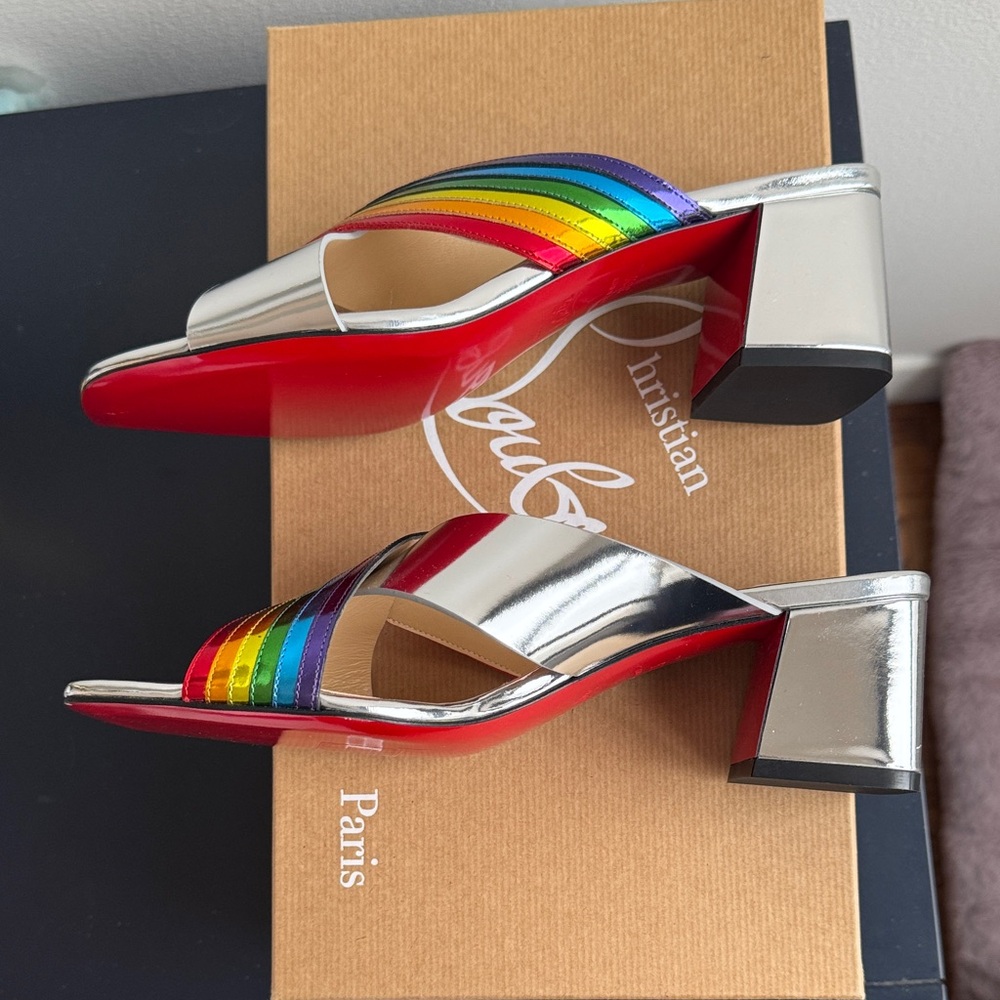 Christian Louboutin Silver Mules with Rainbow Straps - Picture 3 of 6
